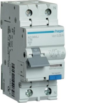 Srovės nuotėkio relė su automatiniu jungikliu Hager AD966J (2P, 16A, C, AC tipo, 1P+N, 6kA) Srovės nuotėkio relė su automatiniu jungikliu Hager AD966J (2P, 16A, C, AC tipo, 1P+N, 6kA)