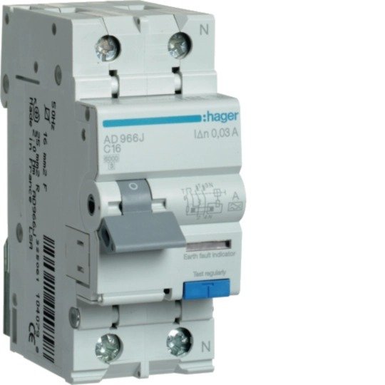 Srovės nuotėkio relė su automatiniu jungikliu Hager AD966J (2P, 16A, C, AC tipo, 1P+N, 6kA)