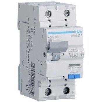 Srovės nuotėkio relė su automatiniu jungikliu Hager AD960J (2P, 10A, A tipo, 30mA, 230V) Srovės nuotėkio relė su automatiniu jungikliu Hager AD960J (2P, 10A, A tipo, 30mA, 230V)