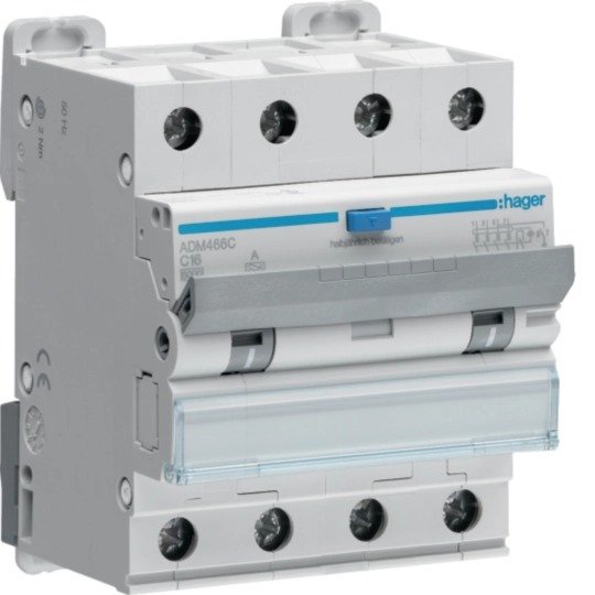 Srovės nuotėkio relė su automatiniu jungikliu Hager ADM466C (4P, 16A, C, A tipo, 30mA, 6kA)