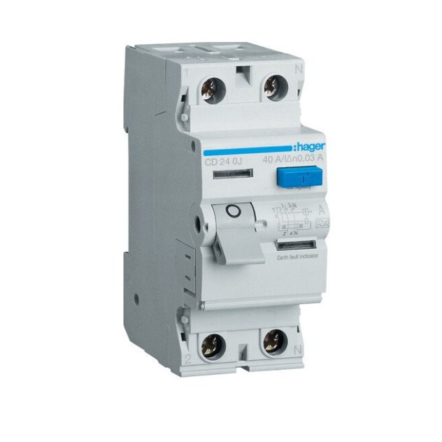 Srovės nuotekio relė Hager CD240J (A, 40A, 2P, 30mA, 230V) Srovės nuotekio relė Hager CD240J (A, 40A, 2P, 30mA, 230V)