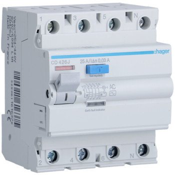 Srovės nuotekio relė Hager CD426J (AC, 25A, 4P, 30mA, 230V) Srovės nuotekio relė Hager CD426J (AC, 25A, 4P, 30mA, 230V)