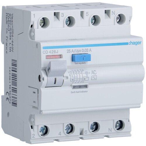Srovės nuotekio relė Hager CD426J (AC, 25A, 4P, 30mA, 230V) Srovės nuotekio relė Hager CD426J (AC, 25A, 4P, 30mA, 230V)
