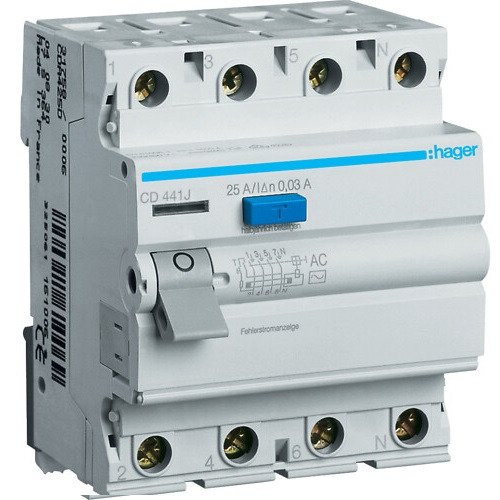 Srovės nuotekio relė Hager CD441J (AC, 40A, 4P, 30mA, 230V) Srovės nuotekio relė Hager CD441J (AC, 40A, 4P, 30mA, 230V)