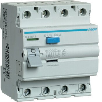 Srovės nuotekio relė Hager CD463J (AC, 63A, 4P, 30mA, 400V) Srovės nuotekio relė Hager CD463J (AC, 63A, 4P, 30mA, 400V)