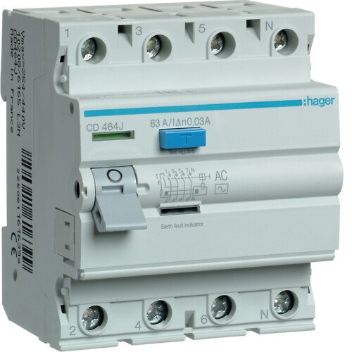 Srovės nuotekio relė Hager CD463J (AC, 63A, 4P, 30mA, 400V) Srovės nuotekio relė Hager CD463J (AC, 63A, 4P, 30mA, 400V)