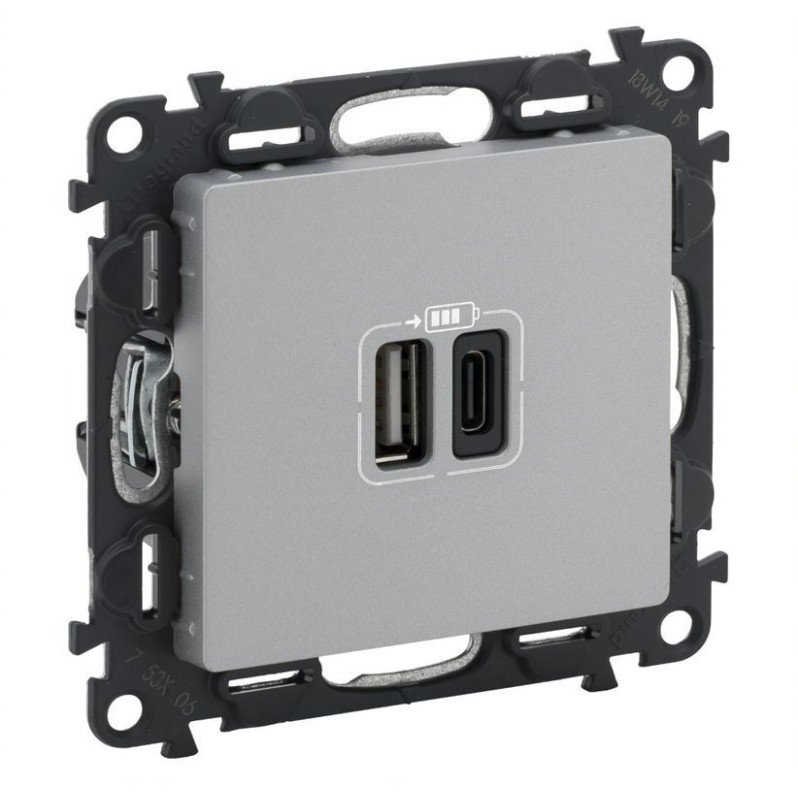 USB dvigubas C + A tipo kištukinis lizdas Valena Life Legrand 753306 (aluminio spalva) USB dvigubas C + A tipo kištukinis lizdas Valena Life Legrand 753306 (aluminio spalva)