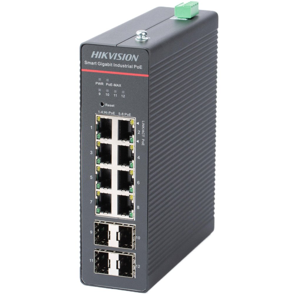 Hikvision 12 prievadų 8 PoE pramoninis valdomas komutatorius DS-3T1512HP-SI-8P4F