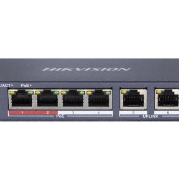 6 prievadų, 4 PoE prievadų komutatorius Hikvision DS-3E0106P-E/M