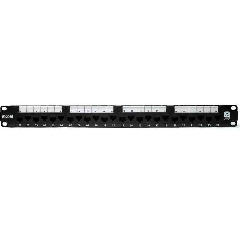 Komutacinė panelė 19'' 1U Excel 100-155 (UTP, Cat.6A, 24 prievadų, neekranuota, 110 punch down, juoda)