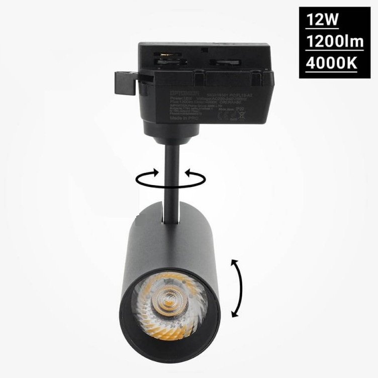 LED bėginis šviestuvas, 1F, 12W, 1200Lm, juodas, šilta balta šviesa