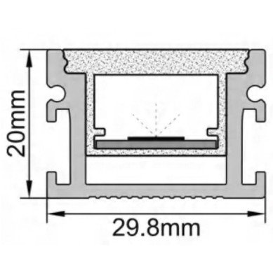 Profilis LED juostai, įleidžiamas, pilkas, baltas dangtelis, 29.8x20mm Profilis LED juostai, įleidžiamas, pilkas, baltas dangtelis, 29.8x20mm