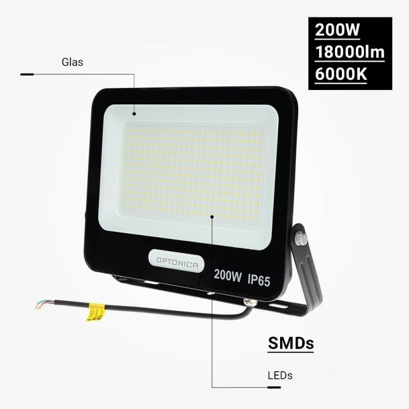LED prožektorius, juodas, 90Lm/W, 200W, šalta balta šviesa