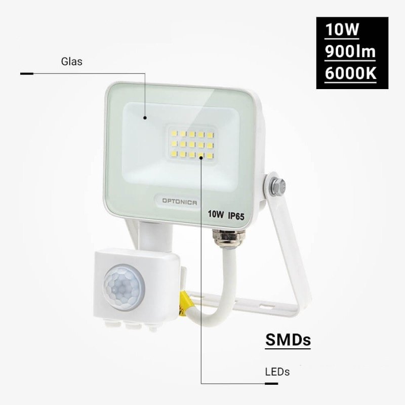 LED prožektorius, baltas, PIR jutiklis, 10W, 120°, neutrali balta šviesa