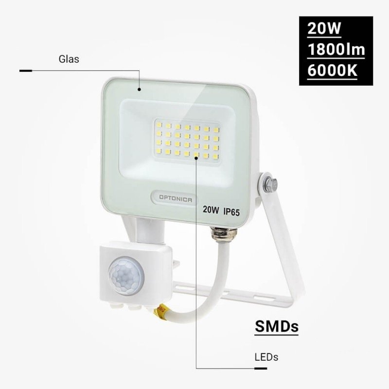 LED prožektorius, baltas, PIR jutiklis, 20W, 120°, šalta balta šviesa LED prožektorius, baltas, PIR jutiklis, 20W, 120°, šalta balta šviesa