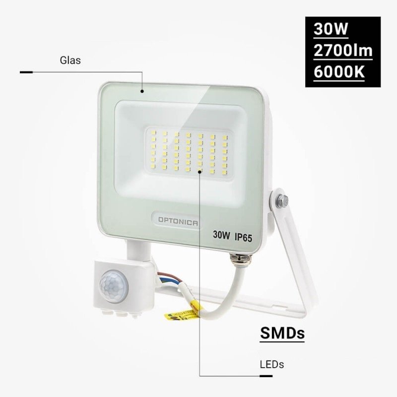 LED prožektorius, baltas, PIR jutiklis, 30W, 120°, šilta balta šviesa LED prožektorius, baltas, PIR jutiklis, 30W, 120°, šilta balta šviesa