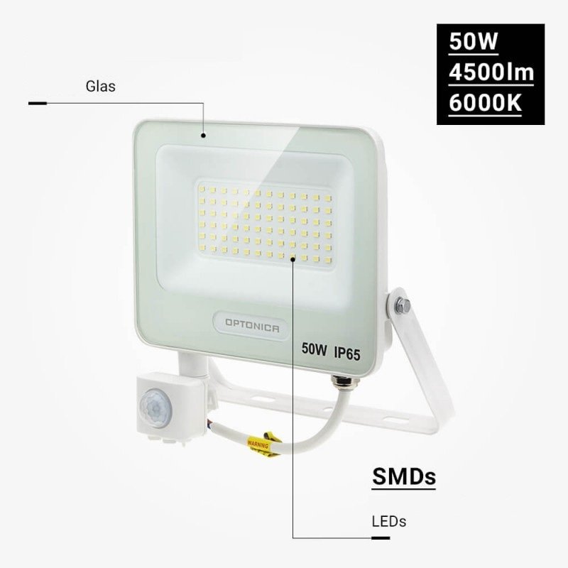 LED prožektorius, baltas, PIR jutiklis, 50W, 120°, neutrali balta šviesa