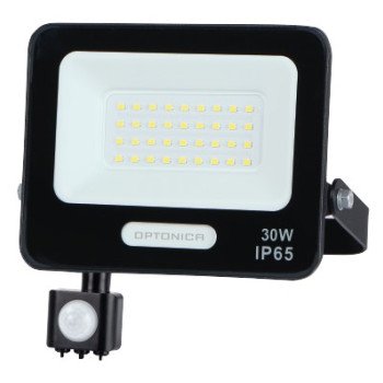 LED prožektorius, juodas, PIR jutiklis, 30W, 120°, šalta balta šviesa