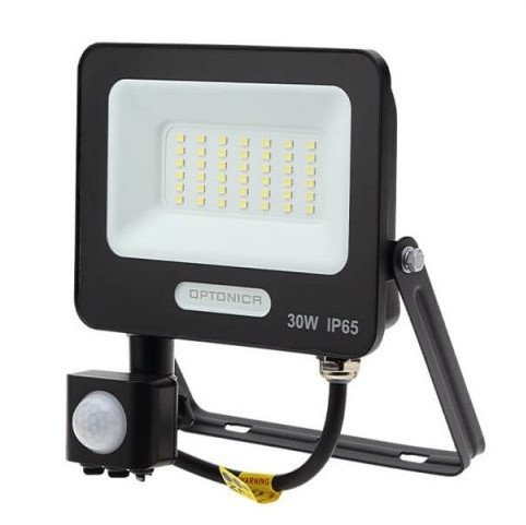 LED prožektorius, juodas, PIR jutiklis, 30W, 120°, neutrali balta šviesa