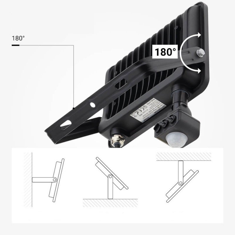 LED prožektorius, juodas, PIR jutiklis, 50W, 120°, šalta balta šviesa LED prožektorius, juodas, PIR jutiklis, 50W, 120°, šalta balta šviesa
