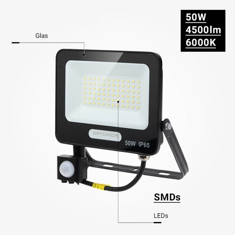 LED prožektorius, juodas, PIR jutiklis, 50W, 120°, neutrali balta šviesa
