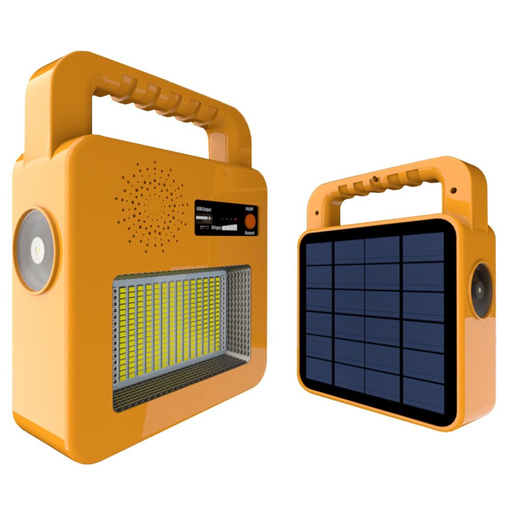 Nešiojamas prožektorius + garsiakalbis, 3.5W, pakraunamas saulėje, Bluetooth, geltonas, CCT spalvos