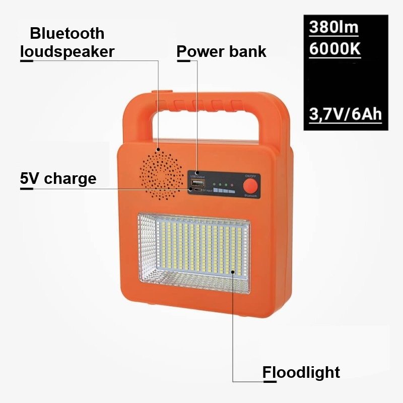 Nešiojamas prožektorius + garsiakalbis, 3.5W, pakraunamas saulėje, Bluetooth, geltonas, CCT spalvos