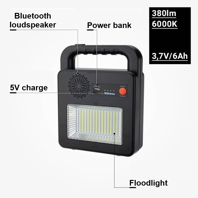 Nešiojamas prožektorius + garsiakalbis, 3.5W, pakraunamas saulėje, Bluetooth, juodas, CCT spalvos