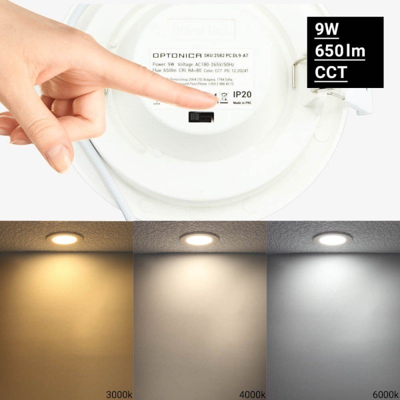 LED šviestuvas, 9W, plonas, temdomas, CCT 3000K-6000K