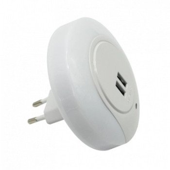 LED naktinis šviestuvas į rozetę, 0.5W, 2xUSB, baltas, šalta balta šviesa