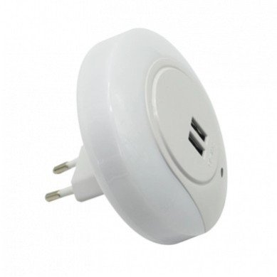 LED naktinis šviestuvas į rozetę, 0.5W, 2xUSB, baltas, šalta balta šviesa
