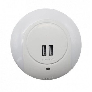 LED naktinis šviestuvas į rozetę, 0.5W, 2xUSB, baltas, šalta balta šviesa