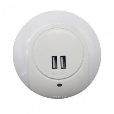 LED naktinis šviestuvas į rozetę, 0.5W, 2xUSB, baltas, šalta balta šviesa