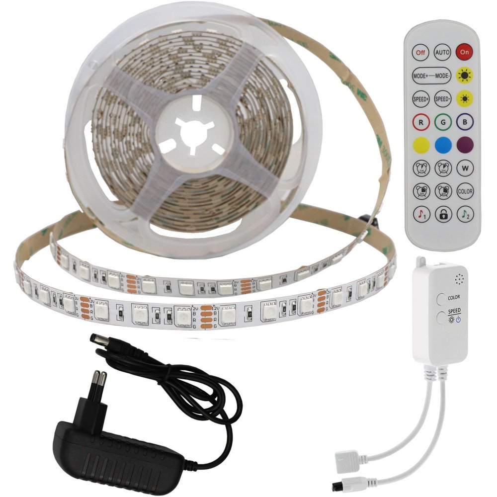 LED juostos rinkinys, 12V, AC adapteris, Bluetooth, nuotolinis valdymas, RGB spalvos LED juostos rinkinys, 12V, AC adapteris, Bluetooth, nuotolinis valdymas, RGB spalvos