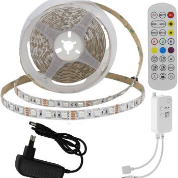 LED juostos rinkinys, 12V, AC adapteris, Bluetooth, nuotolinis valdymas, RGB spalvos