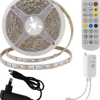 LED juostos rinkinys, 12V, AC adapteris, Bluetooth, nuotolinis valdymas, atsparus vandeniui, RGB spalvos