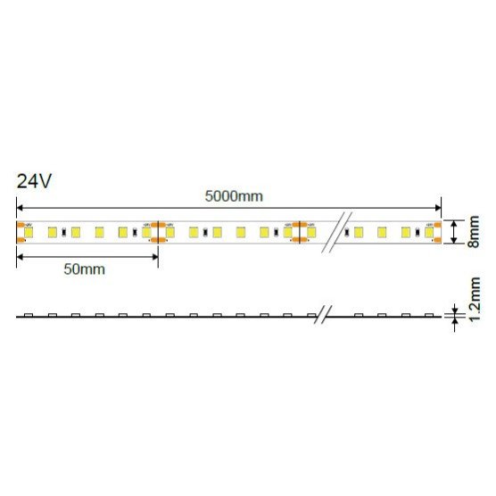 LED juosta, 9.6W/m, 1200Lm/m, 24V, Pro, šilta balta šviesa LED juosta, 9.6W/m, 1200Lm/m, 24V, Pro, šilta balta šviesa