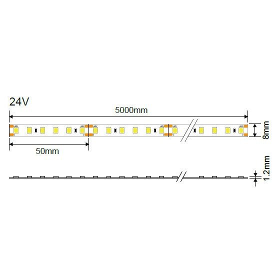 LED juosta, 9.6W/m, 1200Lm/m, 24V, Pro, šilta balta šviesa