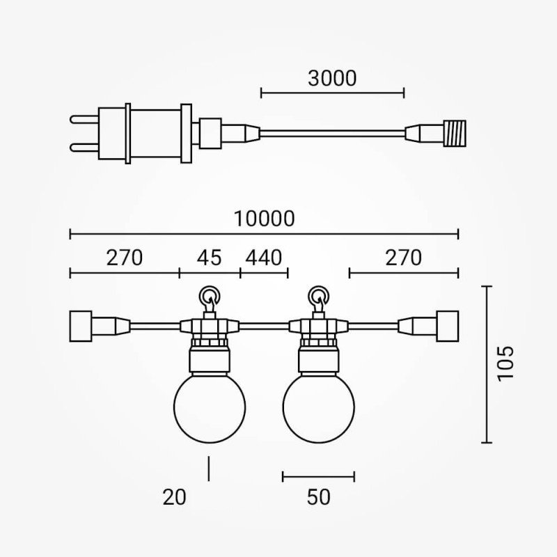 LED lauko girlianda, juoda, 13m, 20 lizdų, 6W, šalta balta šviesa
