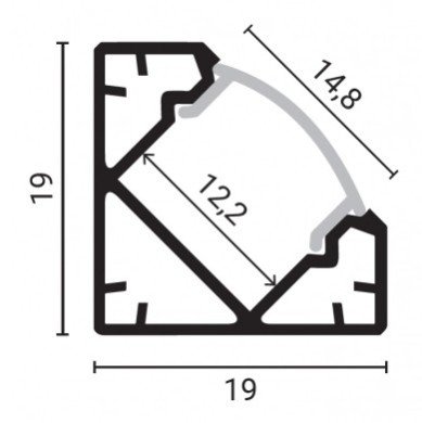 Profilis LED juostai, paviršinis, juodas, juodas dangtelis, 19x19mm