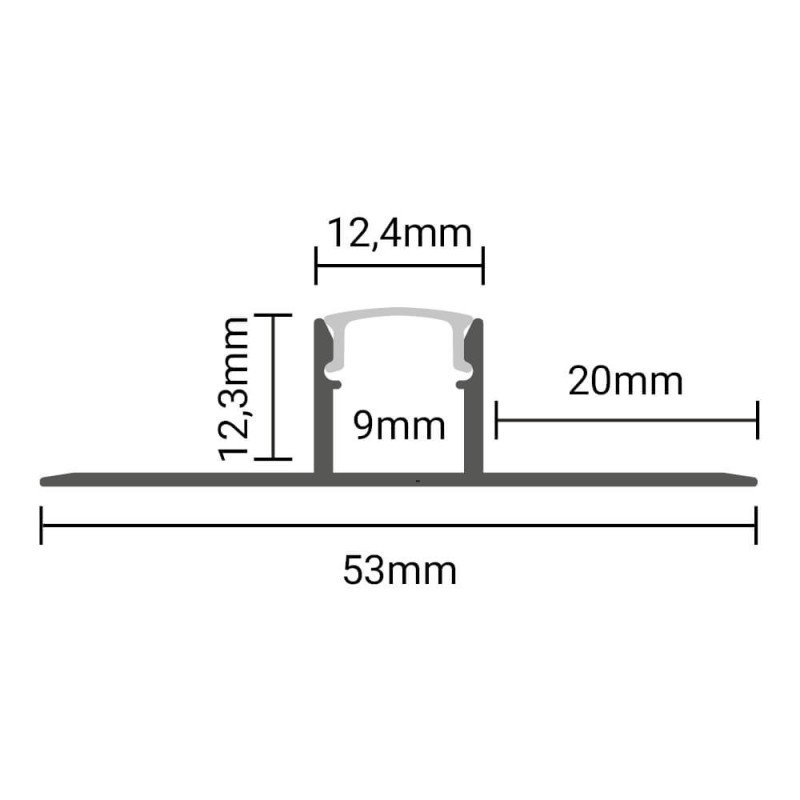 Profilis LED juostai, priglaistomas, pilkas, baltas dangtelis, plokštumai, 53x12.3mm