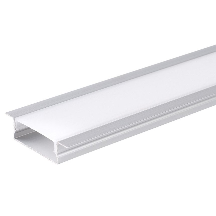Profilis LED juostai, įleidžiamas, sidabrinis, baltas dangtelis, 41x10mm Profilis LED juostai, įleidžiamas, sidabrinis, baltas dangtelis, 41x10mm