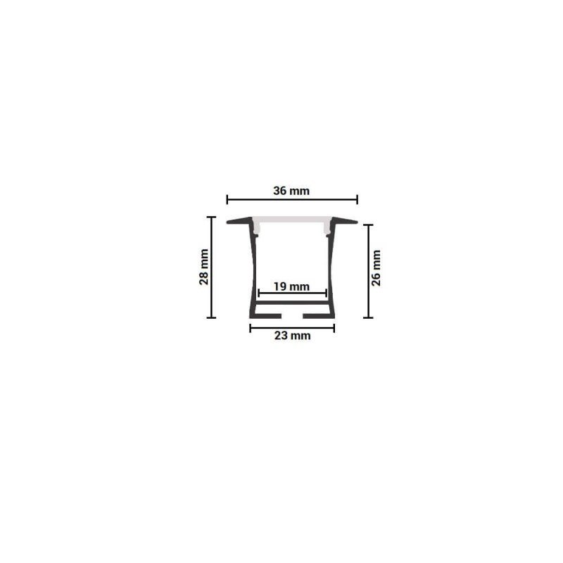 Profilis LED juostai, įleidžiamas, sidabrinis, baltas dangtelis, 36x23.5mm Profilis LED juostai, įleidžiamas, sidabrinis, baltas dangtelis, 36x23.5mm