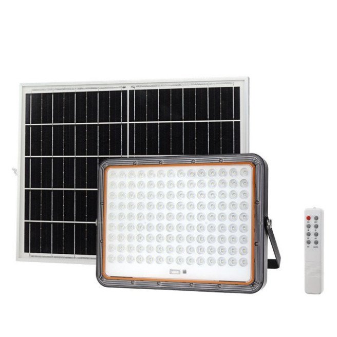 LED prožektorius, juodas, su saulės baterija, 25W, 3200Lm, šalta balta šviesa