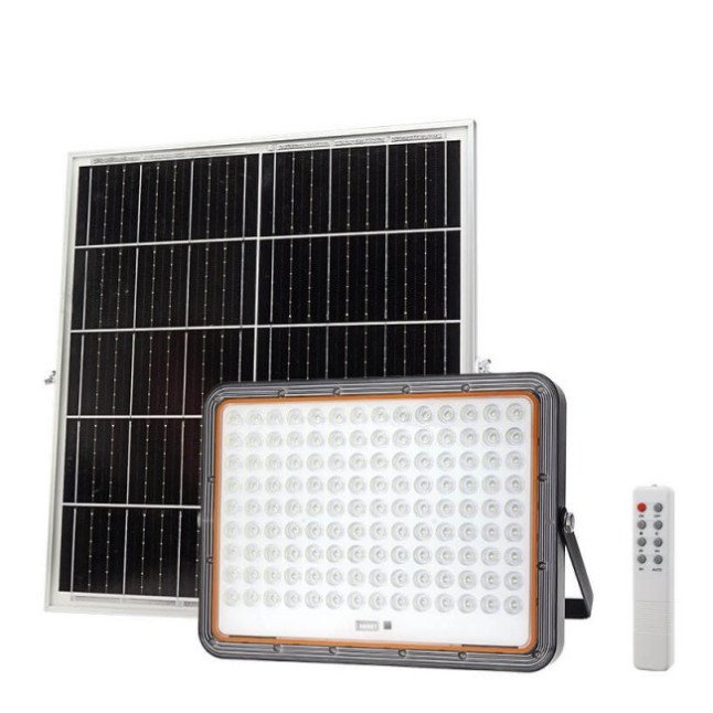 LED prožektorius, juodas, su saulės baterija, 30W, šalta balta šviesa