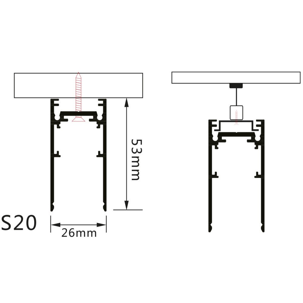 LED magnetinė sistema S20, plotis 2.5cm, kabanti/paviršinė, juoda, ilgis 2m