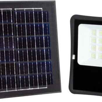 LED prožektorius, juodas, su saulės baterija, 20W, 1600Lm, šalta balta šviesa