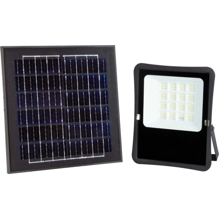 LED prožektorius, juodas, su saulės baterija, 20W, 1600Lm, šalta balta šviesa