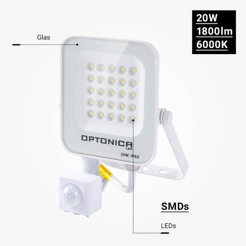 LED prožektorius, baltas, PIR jutiklis, 20W, šilta balta šviesa
