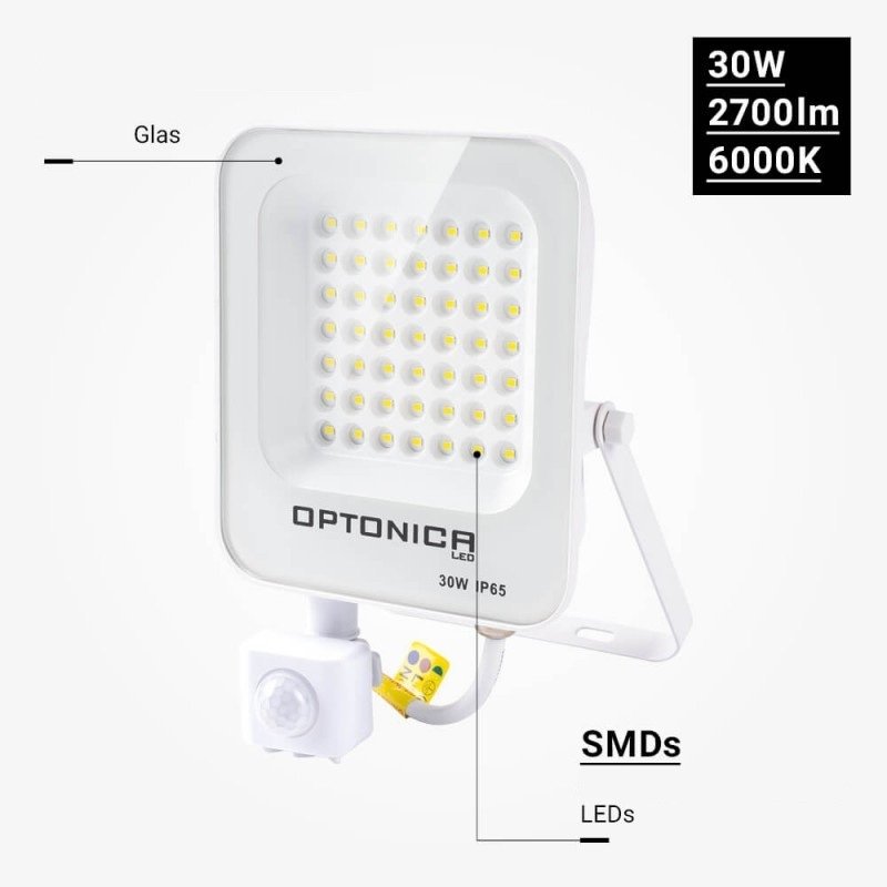 LED prožektorius, baltas, PIR jutiklis, 30W, neutrali balta šviesa